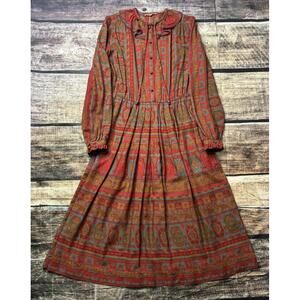 VTG Windsmoor Dress Womens Size 10 Maxi Peter Pan Collar Beaded Tie Portugal